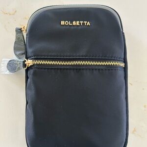 Bolsetta Black Nylon Crossbody Pouch with Gold Hardware